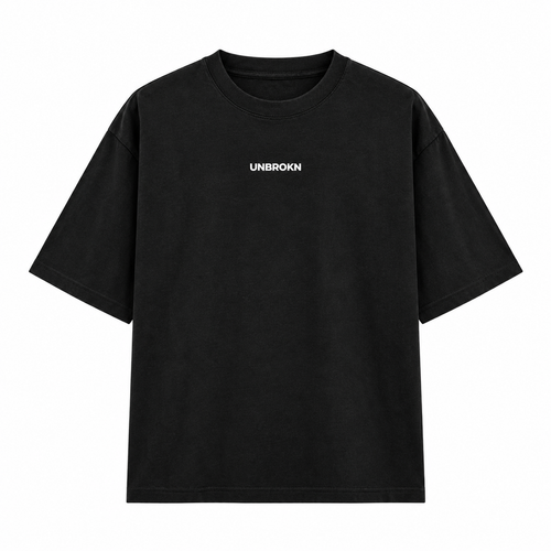 A black short-sleeve crewneck t-shirt with the word 'UNBROKN' printed in white capital letters on the center chest, displayed against a solid white background.