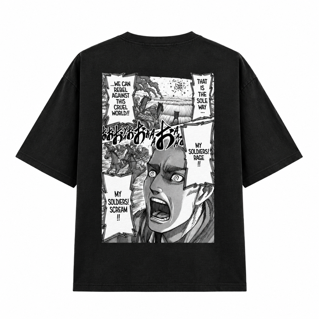 A black short-sleeve t-shirt shown from the back, featuring a large rectangular graphic print with a black and white manga-style illustration and text bubbles.