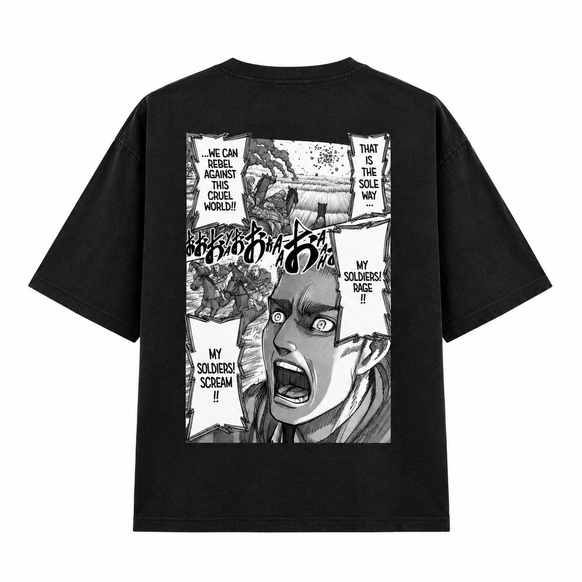 A black short-sleeve t-shirt shown from the back, featuring a large rectangular graphic print with a black and white manga-style illustration and text bubbles.