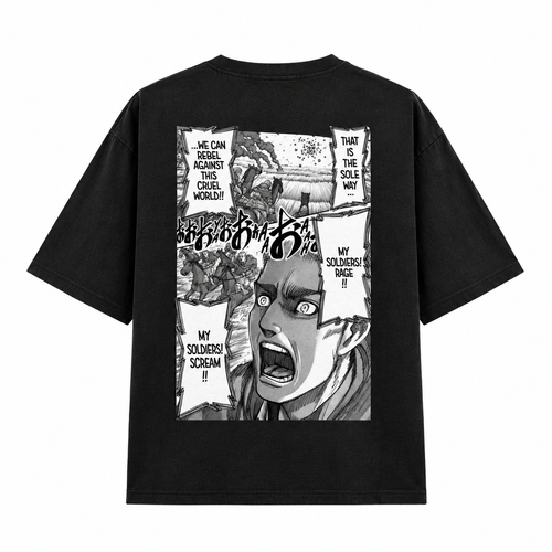 A black short-sleeve t-shirt shown from the back, featuring a large rectangular graphic print with a black and white manga-style illustration and text bubbles.